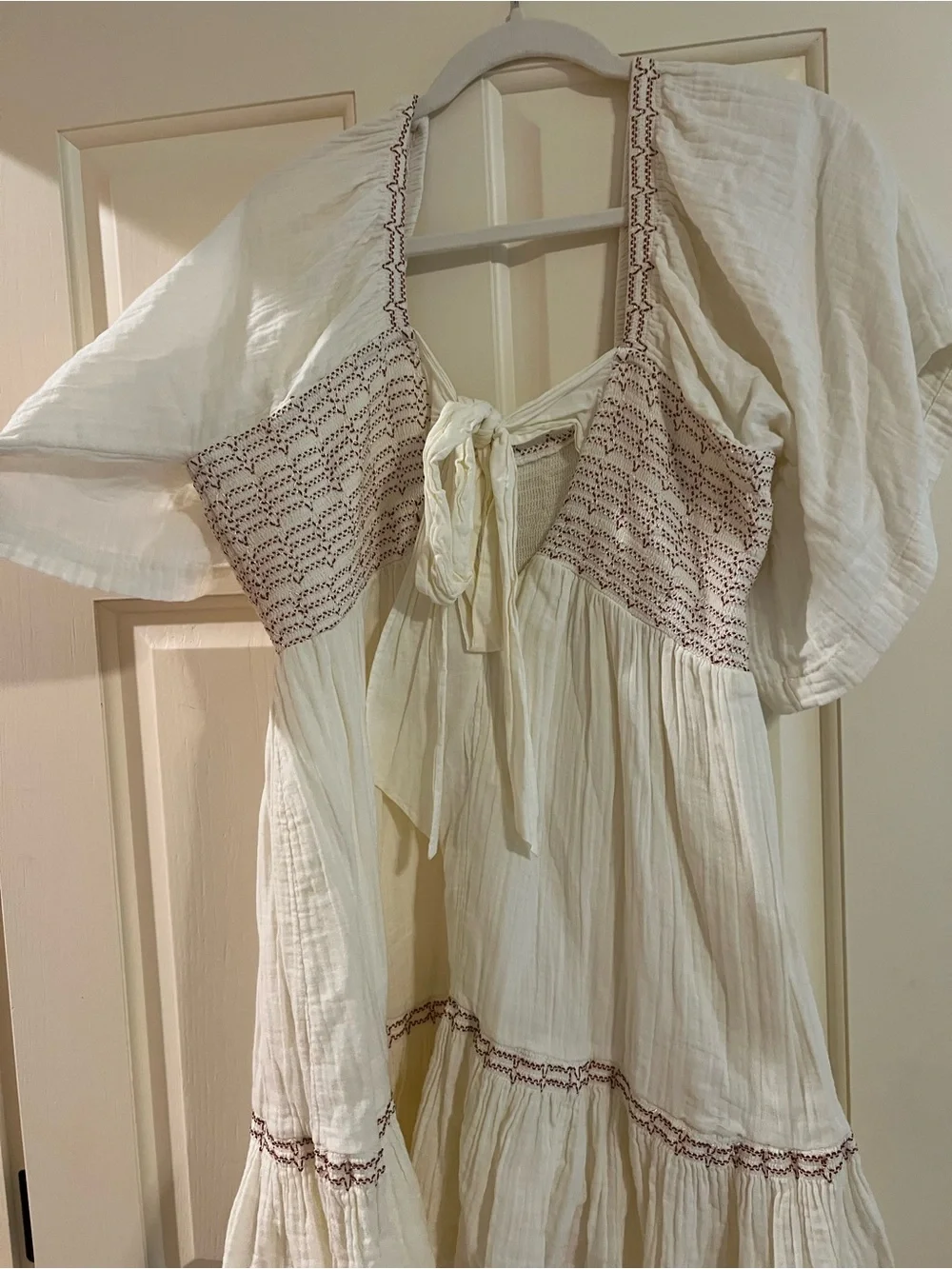 Free People Ivory Crinkled Mini Dress with Brown Stitching - Size S